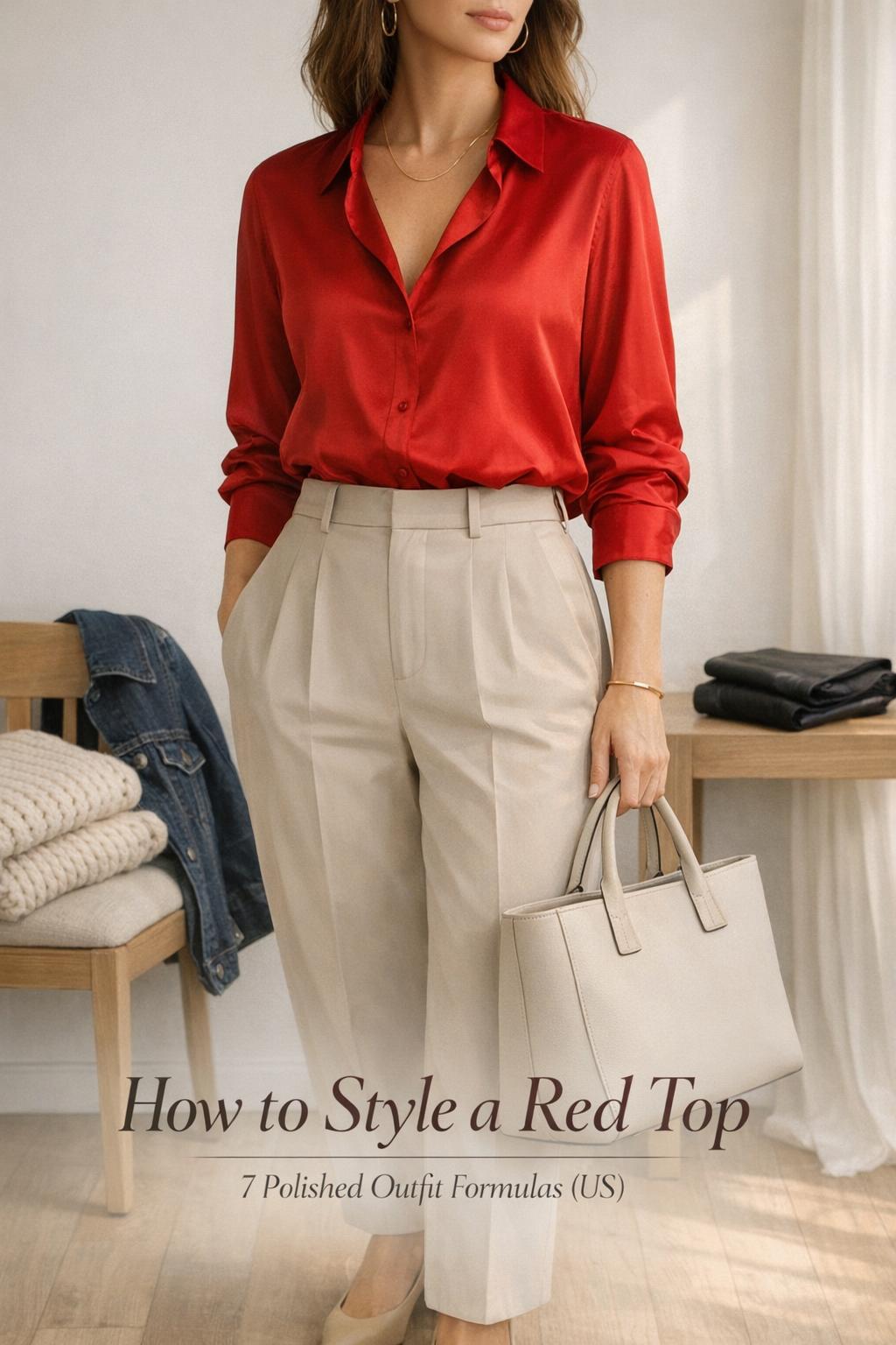 How to style a red top Pinterest cover with woman in red silk blouse and beige trousers in airy modern interior