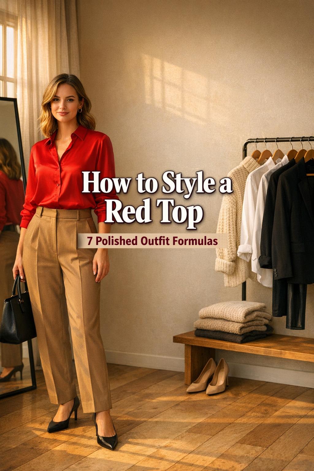 How to style a red top: woman in red silk blouse with camel trousers in a minimalist loft dressing area at golden hour
