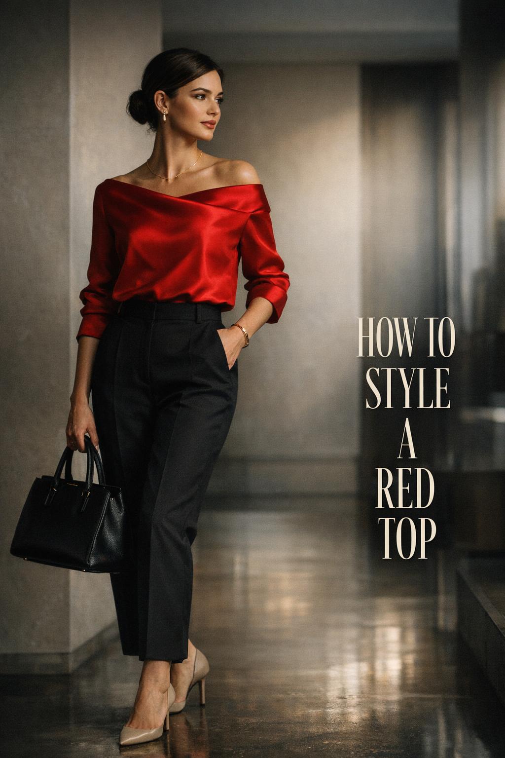 How to style a red top: woman in red silk blouse with black tailored trousers, heels, and structured bag in moody light