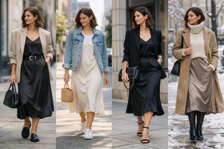 How to style a slip dress with an oversized blazer and loafers for a modern, polished year-round outfit