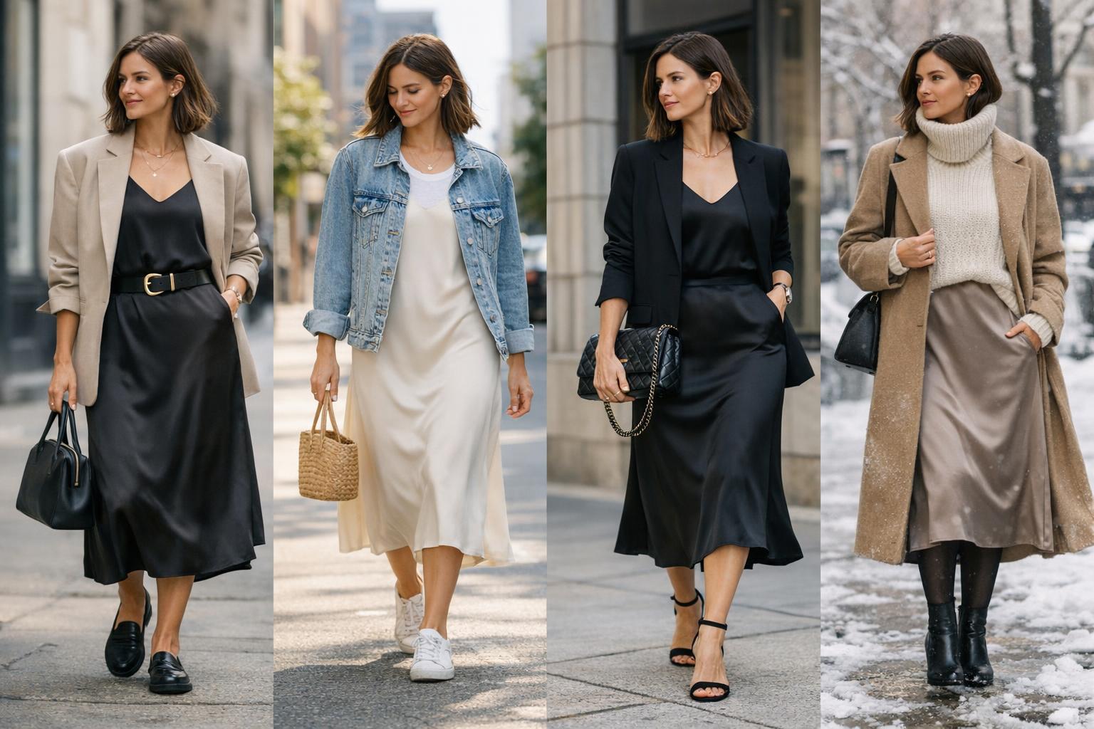How to style a slip dress with an oversized blazer and loafers for a modern, polished year-round outfit