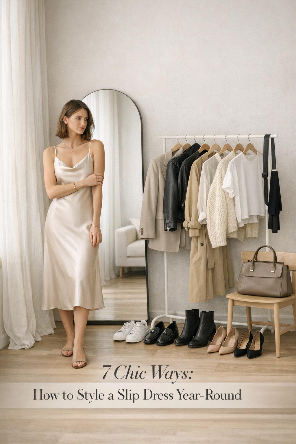 How to style a slip dress year-round in a minimalist apartment, woman in champagne satin slip dress with layered outfit options