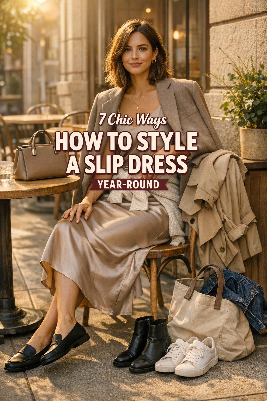 How to style a slip dress in a warm urban sidewalk café, woman in champagne satin midi with blazer and layered outfits