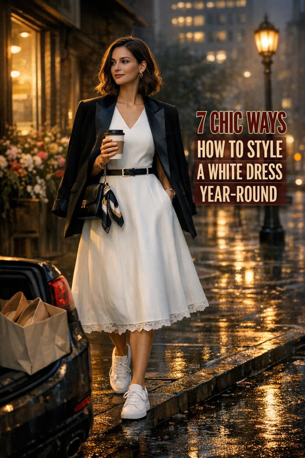 How to style a white dress year-round on a rainy dusk city street, woman in white midi dress with black blazer and sneakers