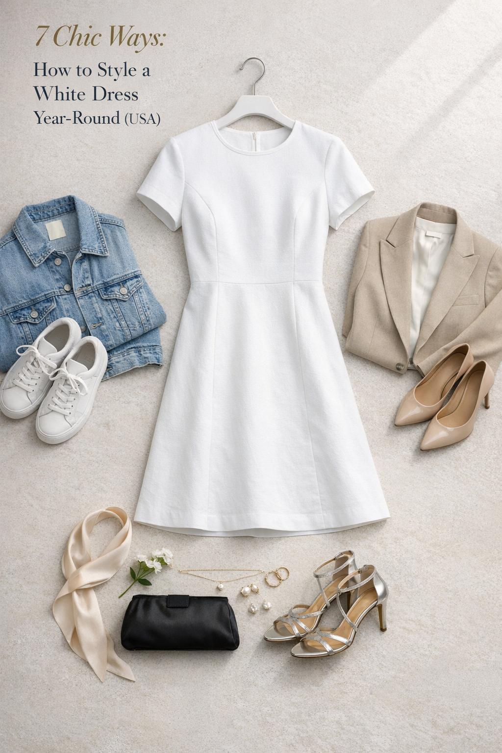 How to style a white dress year-round flat lay with sneakers, blazer, heels, and accessories in minimalist editorial photo