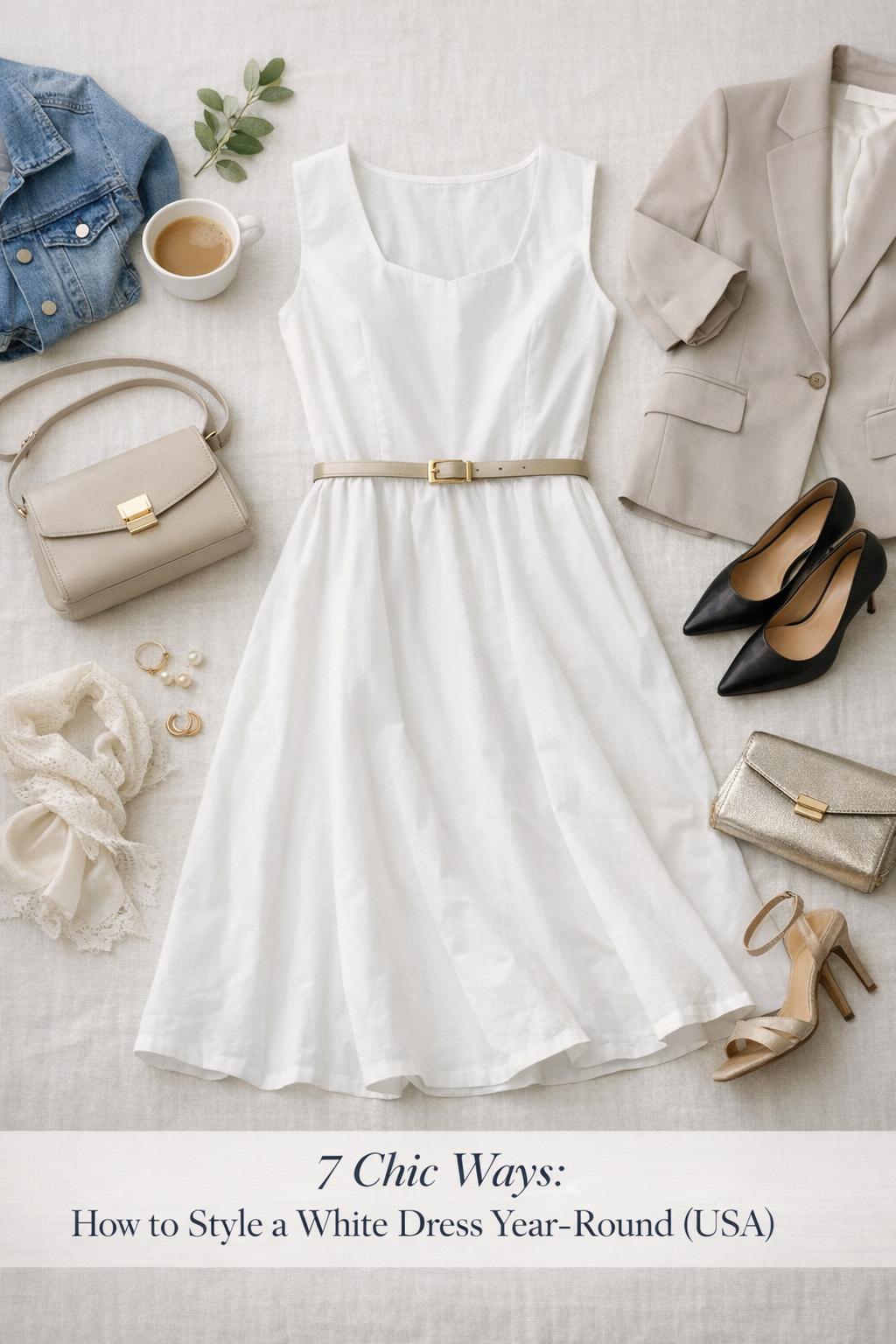 How to style a white dress year-round flatlay with midi dress, blazer, sneakers, pumps, pearls, clutch, and belt in bright studio light.