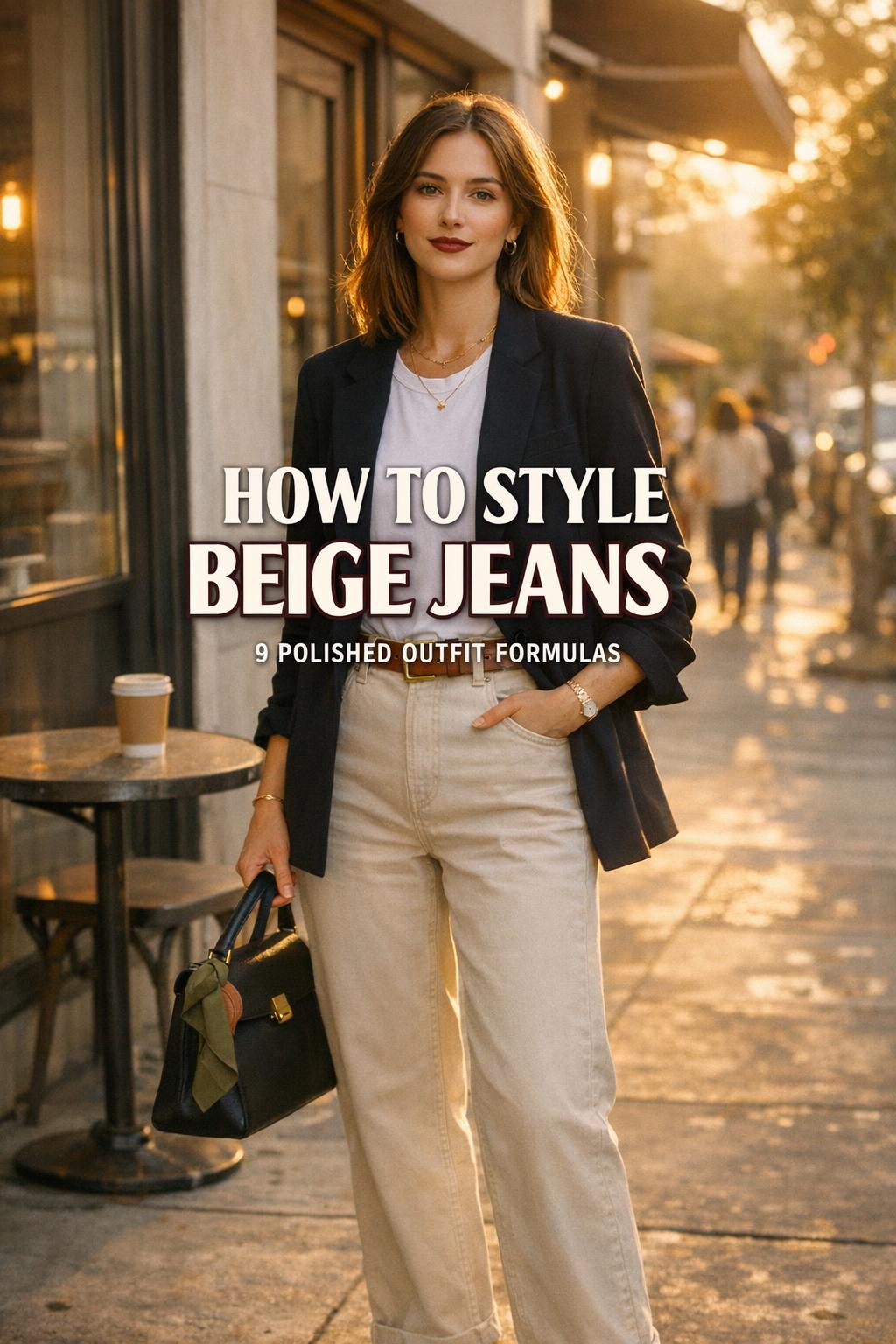 How to style beige jeans outfit on a stylish woman in blazer outside a city coffee shop at golden hour