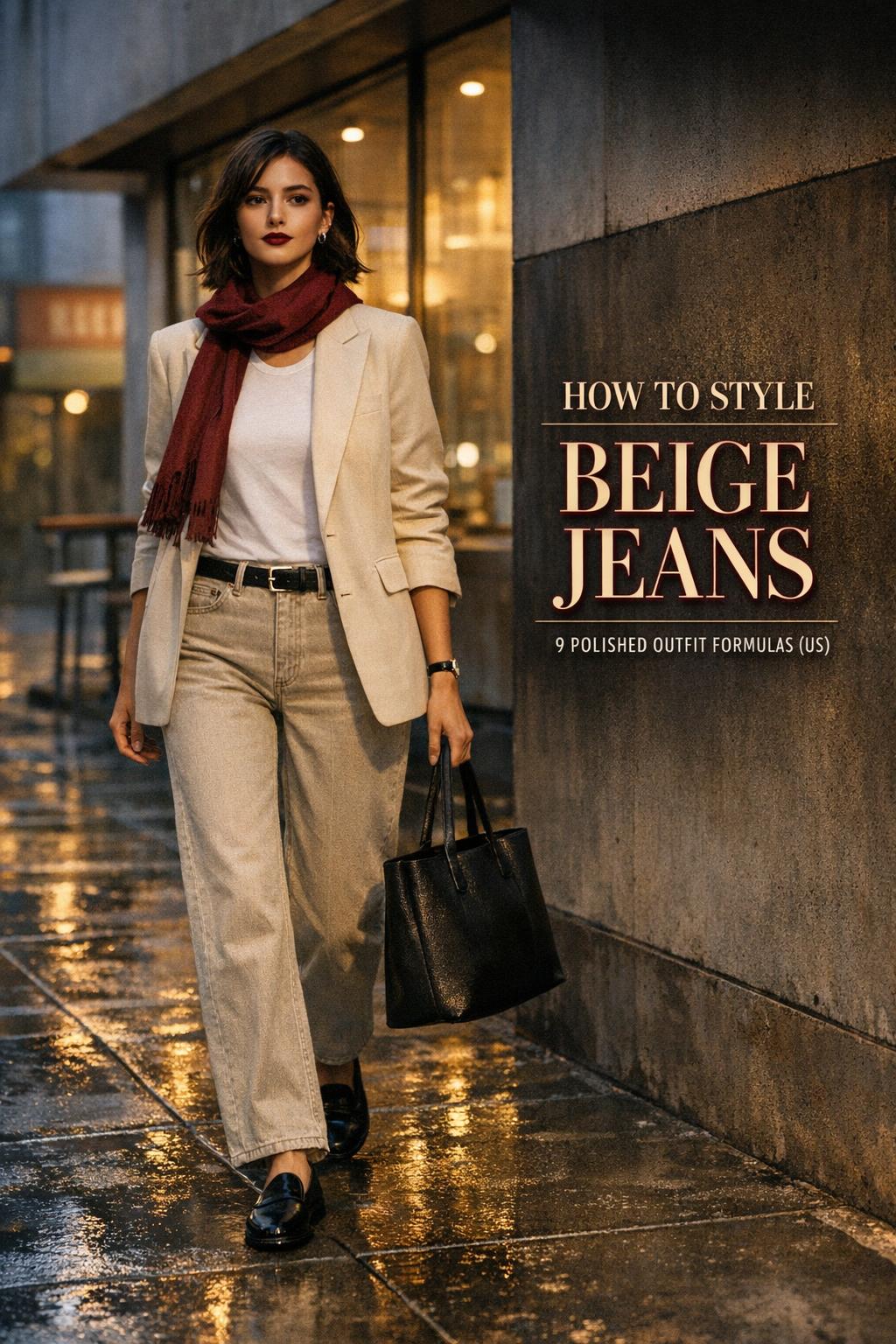 How to style beige jeans: stylish woman in blazer and tee walking past a minimalist cafe at golden hour on wet pavement