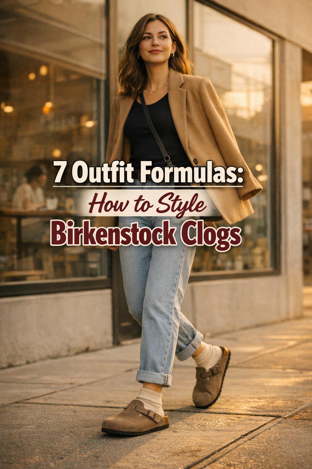 How to style Birkenstock clogs outfit: woman in taupe suede Boston clogs and jeans walking by a minimalist cafe at golden hour