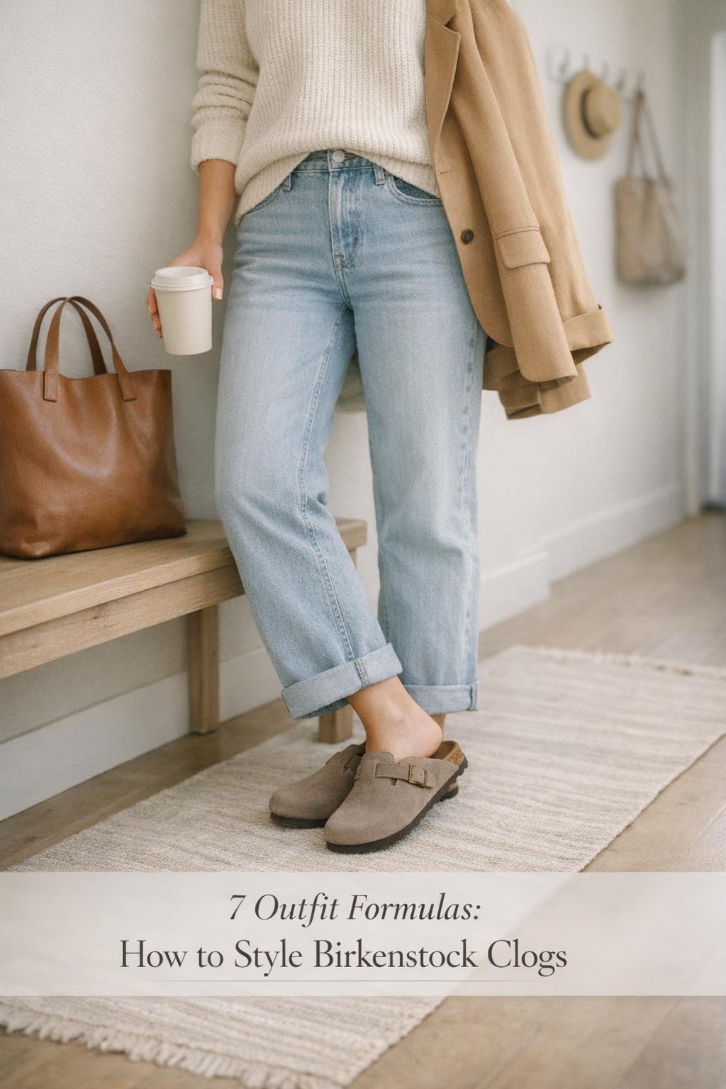 How to style Birkenstock clogs outfit in a minimalist entryway with taupe suede clogs, light-wash jeans, and cream sweater