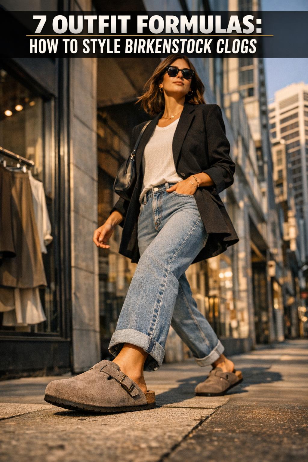 How to style Birkenstock clogs with jeans and a cozy knit sweater in a casual street style outfit