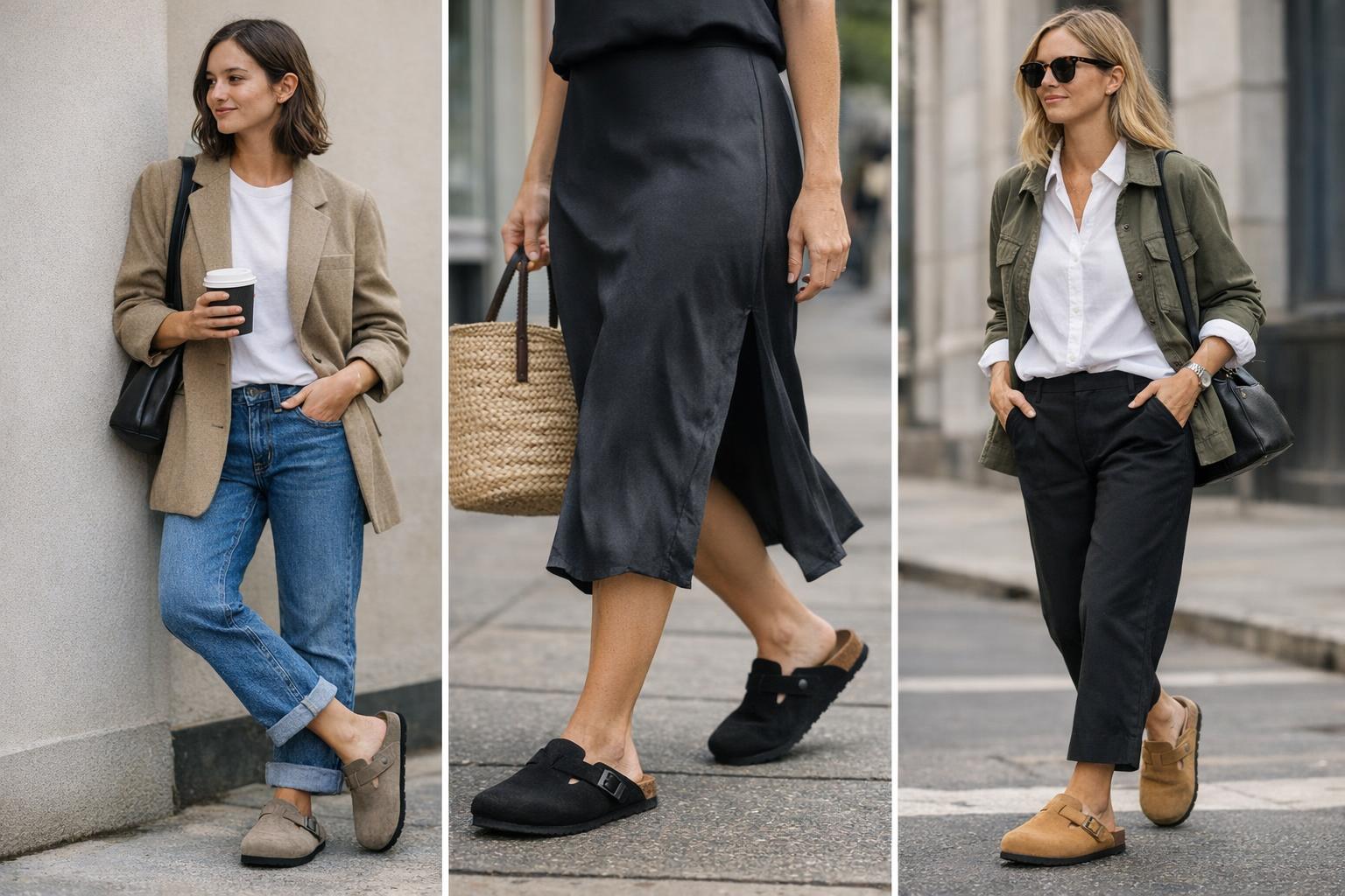 How to style Birkenstock clogs with straight-leg jeans, neutral tee, and structured jacket for an effortless look