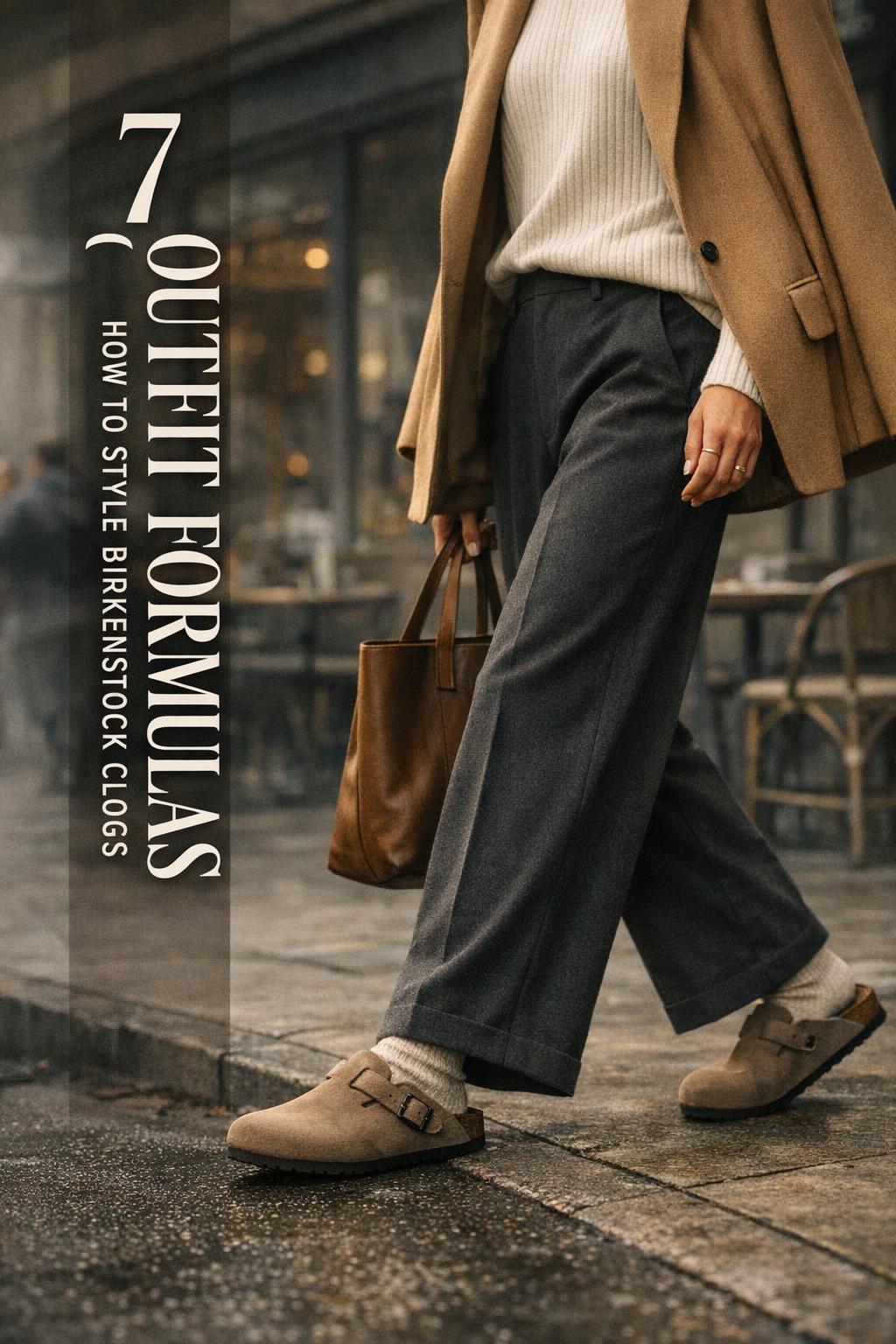 How to style Birkenstock clogs: taupe Boston clogs with charcoal wide-leg trousers on a moody city sidewalk