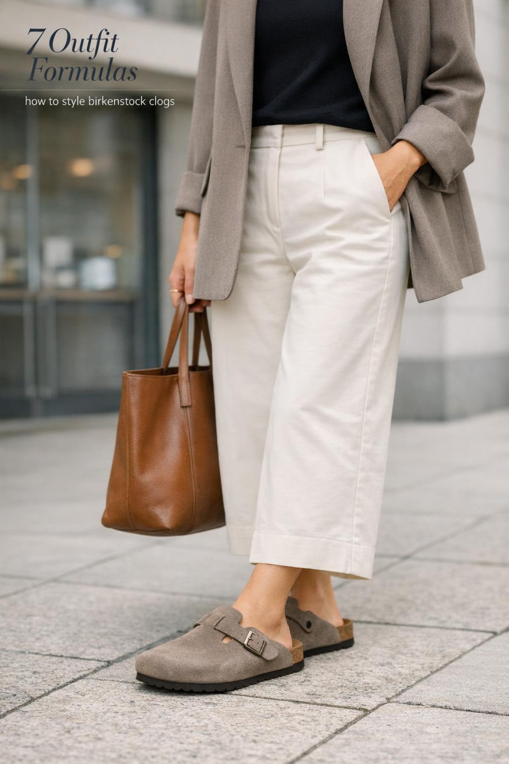 How to style birkenstock clogs with taupe suede Boston clogs, cream cropped trousers and taupe blazer on a city sidewalk