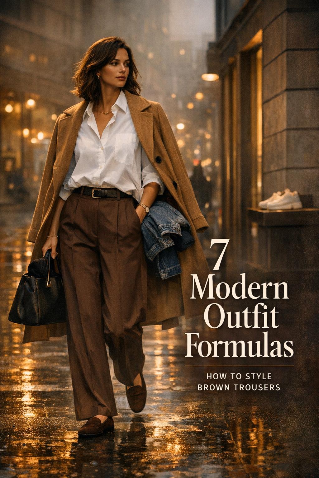 how to style brown trousers outfit formula on a moody city street with a woman in brown wide-leg pants and trench coat