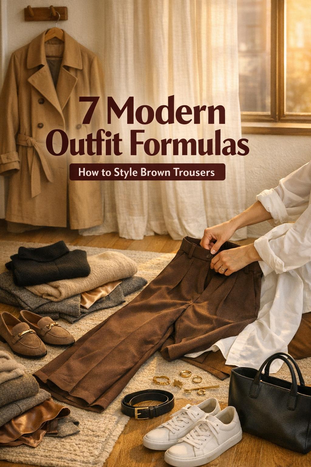 How to style brown trousers with a capsule wardrobe laid out in a sunlit apartment get-ready corner with neutral layers and accessories