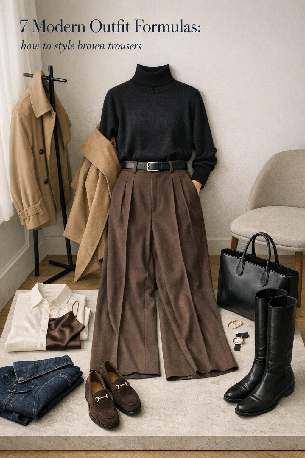 How to style brown trousers: editorial fall outfit with wide-leg chocolate pants, black turtleneck, camel trench, loafers and tote