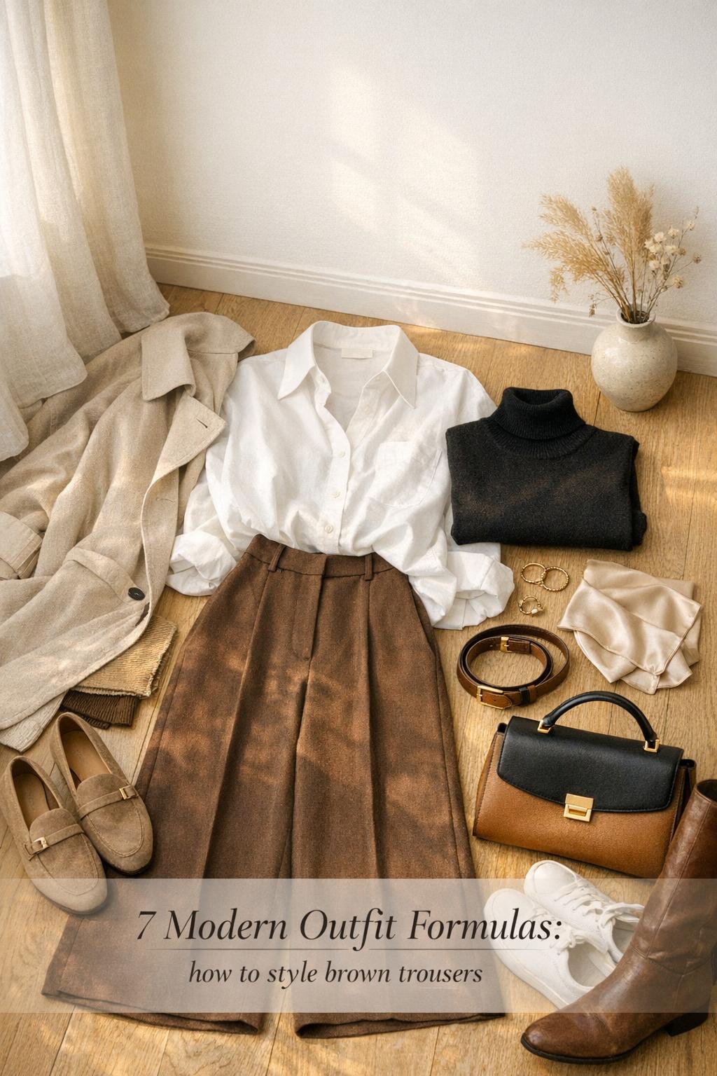 Pinterest-style flat lay outfit in airy entryway showing how to style brown trousers with trench coat, loafers, and gold jewelry