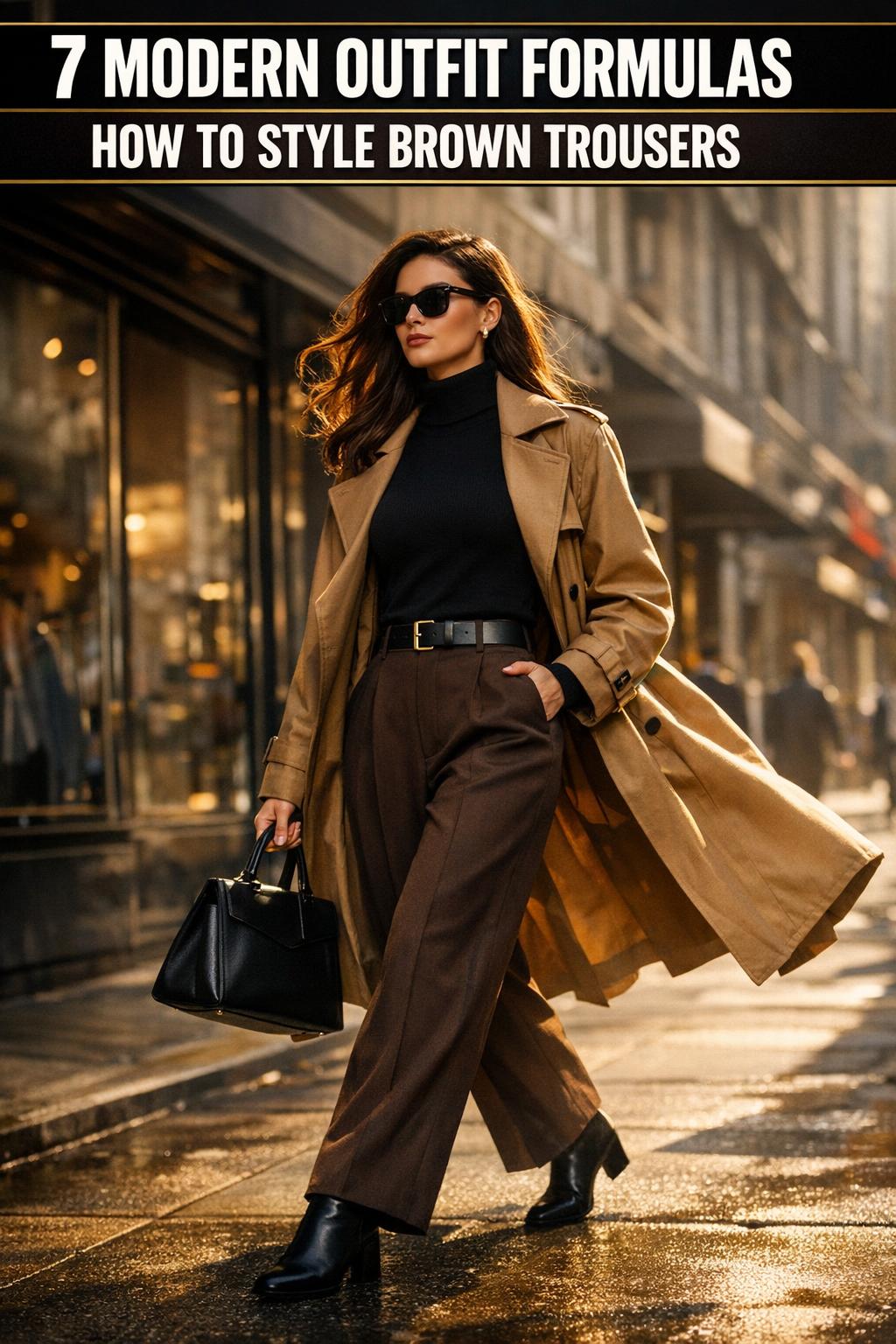 How to style brown trousers with a crisp white shirt and loafers in a modern street style outfit