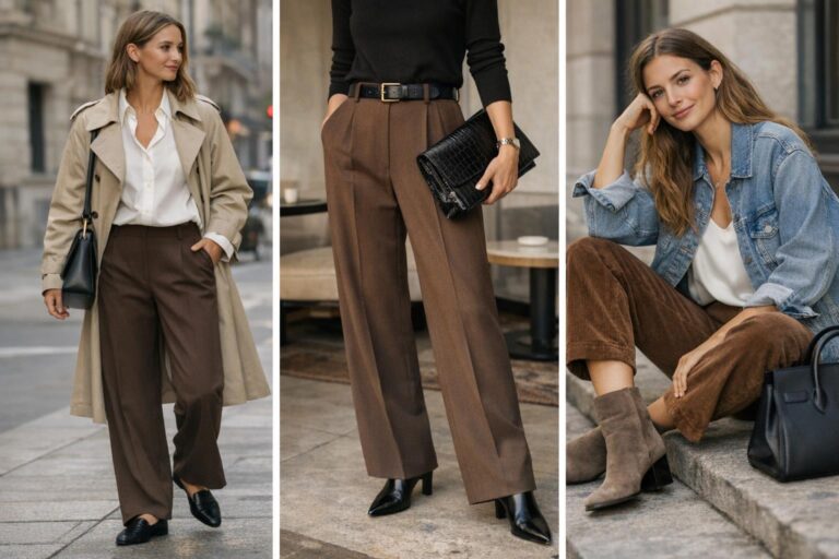 How to style brown trousers with a white shirt, trench coat, and loafers in a modern street-style outfit