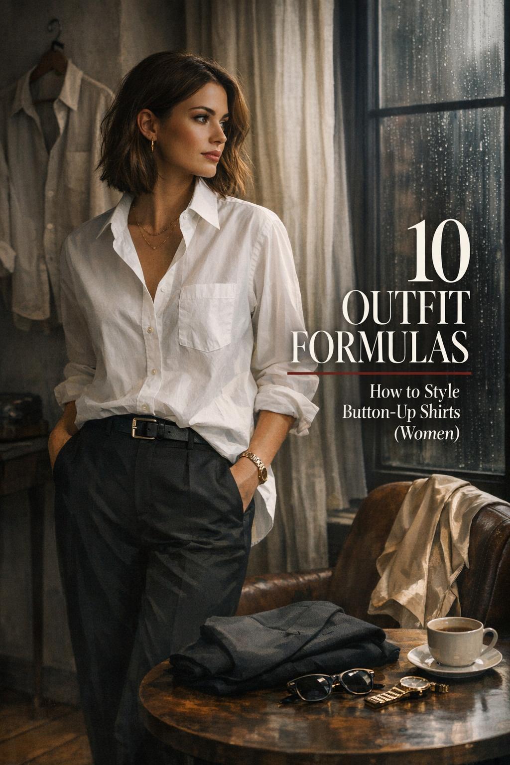 how to style button up shirts women in a moody loft morning, woman in white poplin button-up by rainy window with outfit accessories