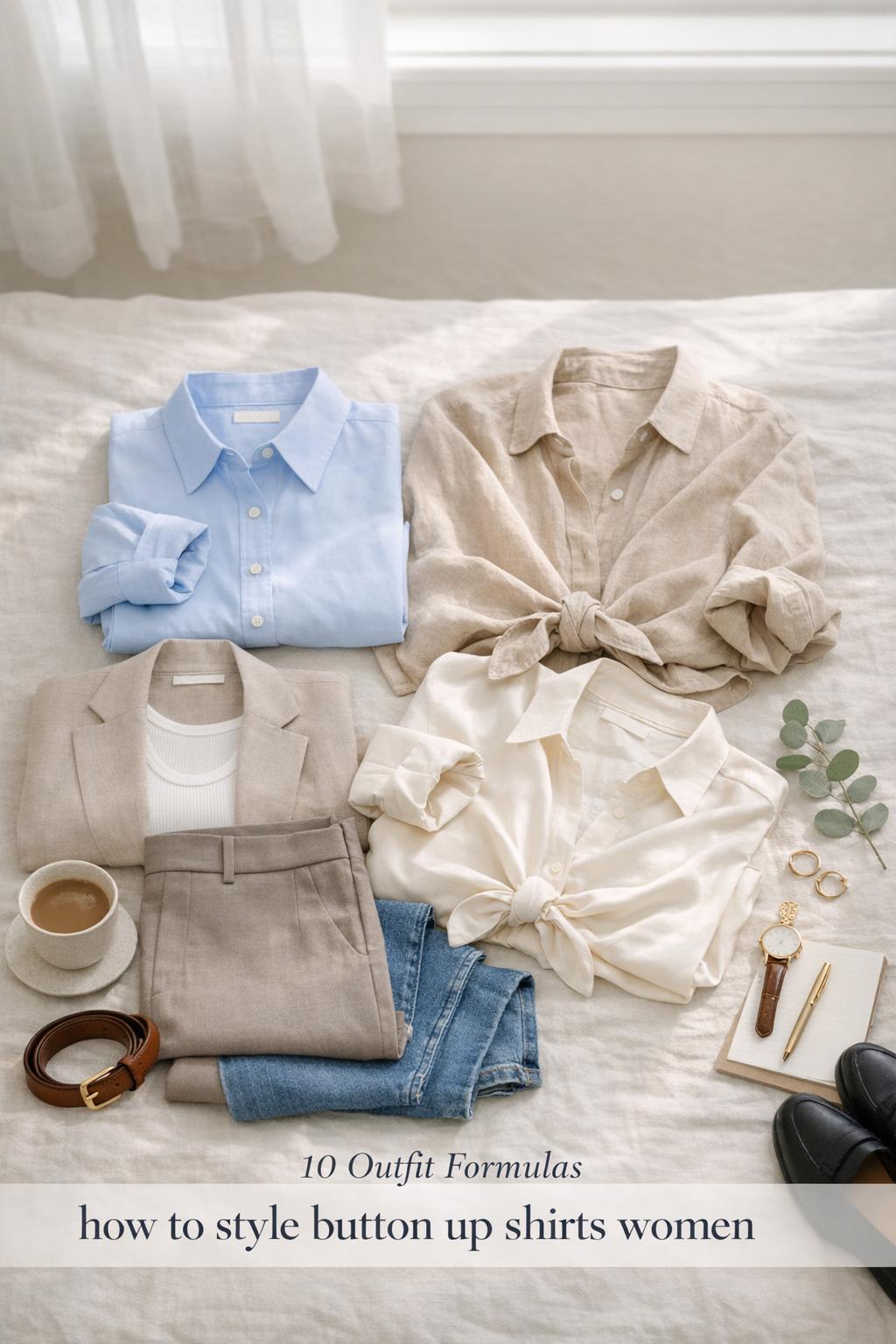 how to style button up shirts women flat lay with light-blue poplin, beige linen, trousers, denim, accessories in soft morning light