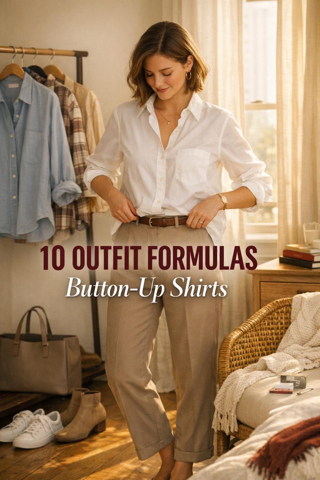 How to style button up shirts women: woman in warm sunlit bedroom styling a white button-up with trousers and layering options