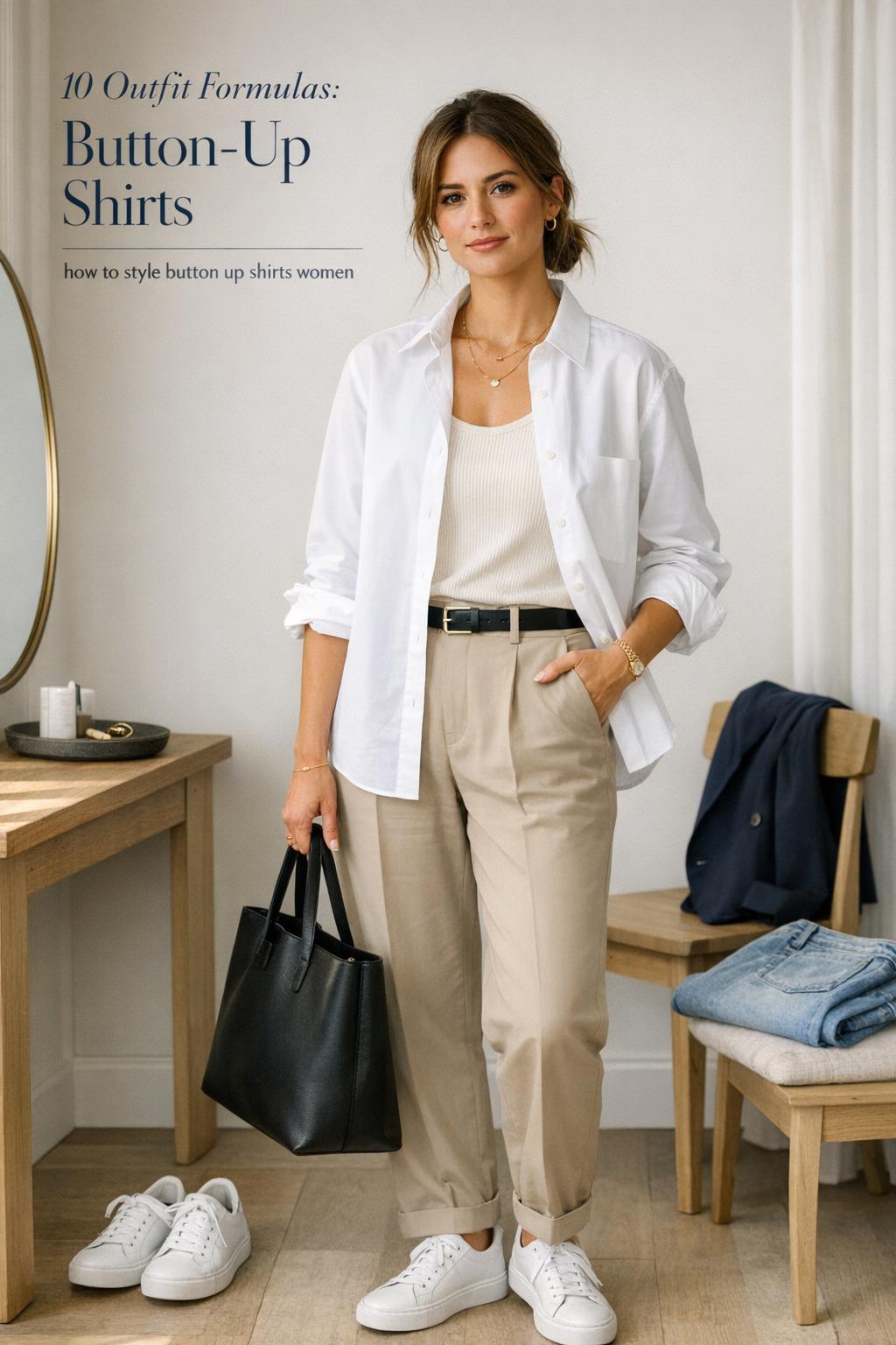 How to style button up shirts women wearing a white poplin shirt over a cream tank with beige trousers in a minimalist loft