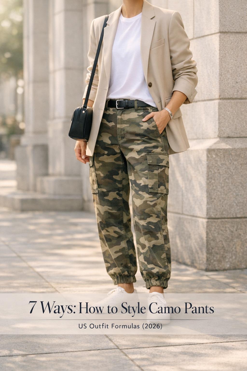 How to style camo pants cover featuring a modern city sidewalk outfit with camo trousers, neutral top, and blazer
