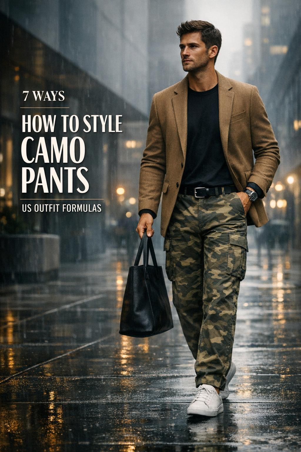 How to style camo pants street style look with tailored camouflage trousers, neutral top, and blazer in a moody city scene