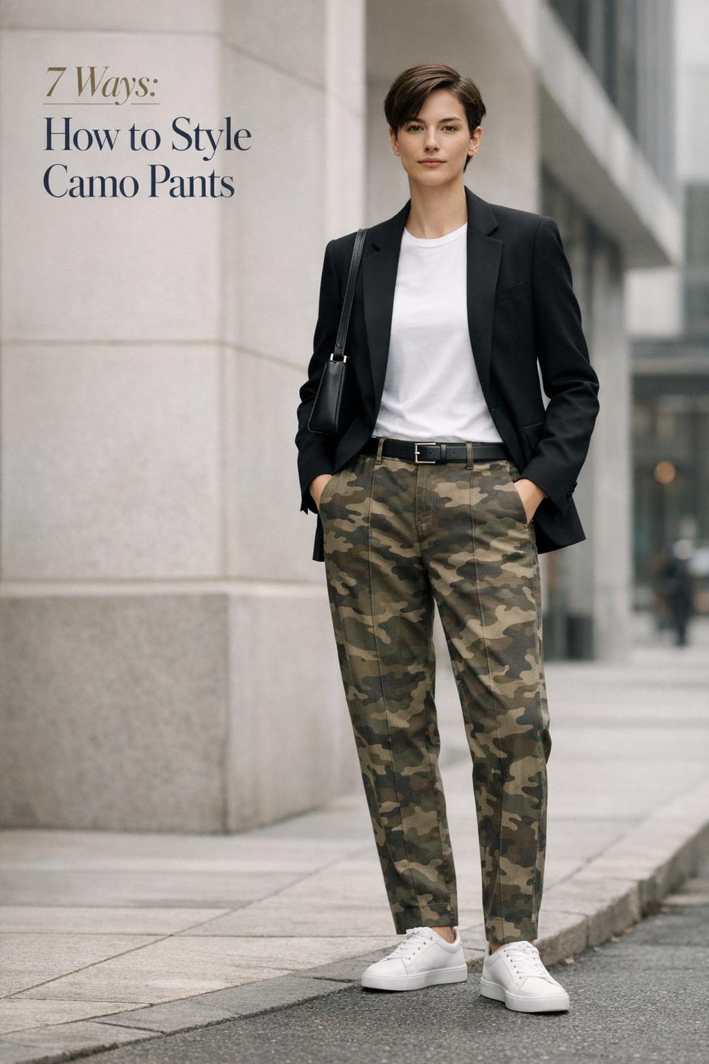 How to style camo pants with a white tee and black blazer on a modern city street in soft daylight.