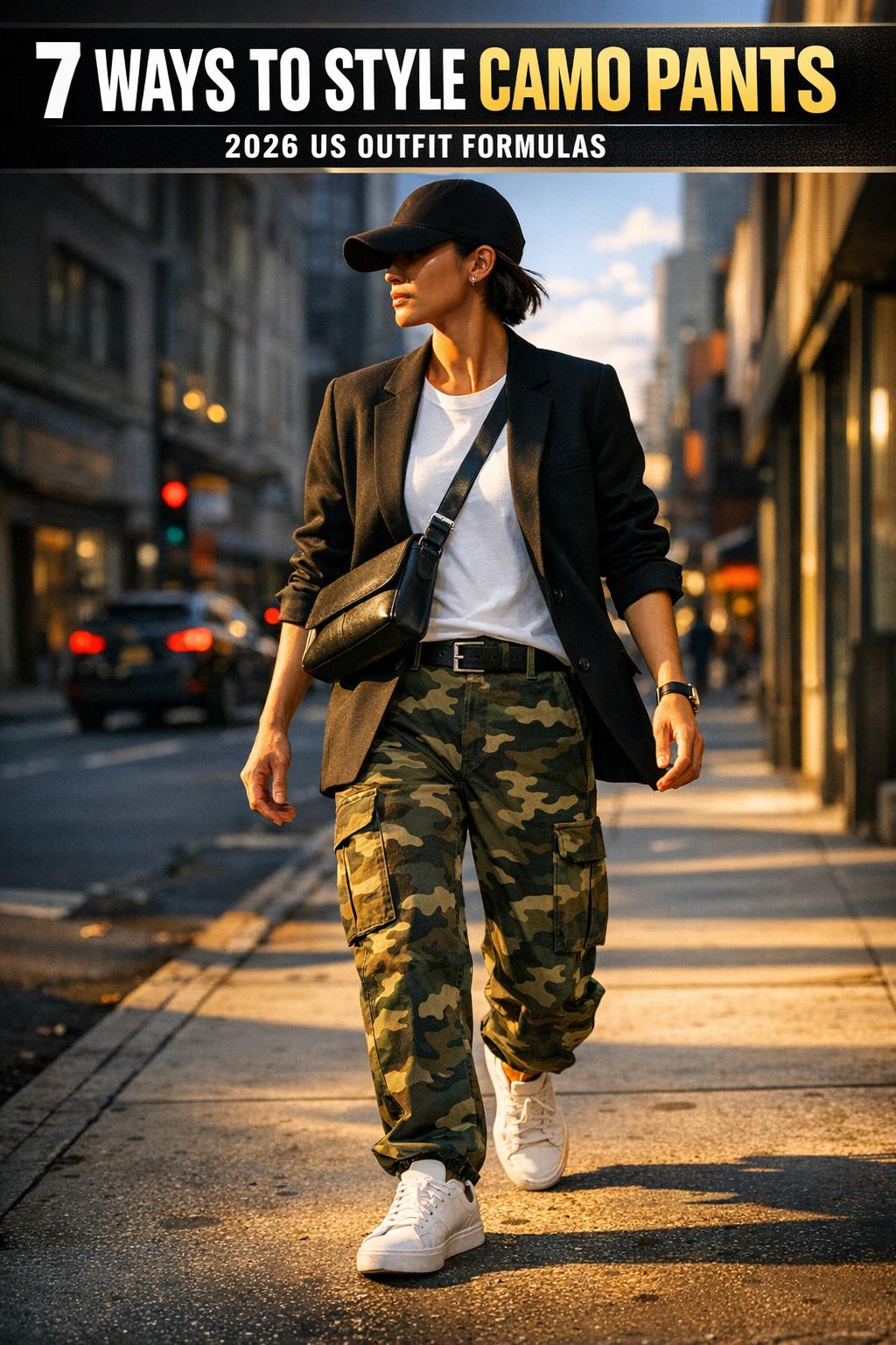 Woman styling camo pants with a white tee and sneakers on a city street