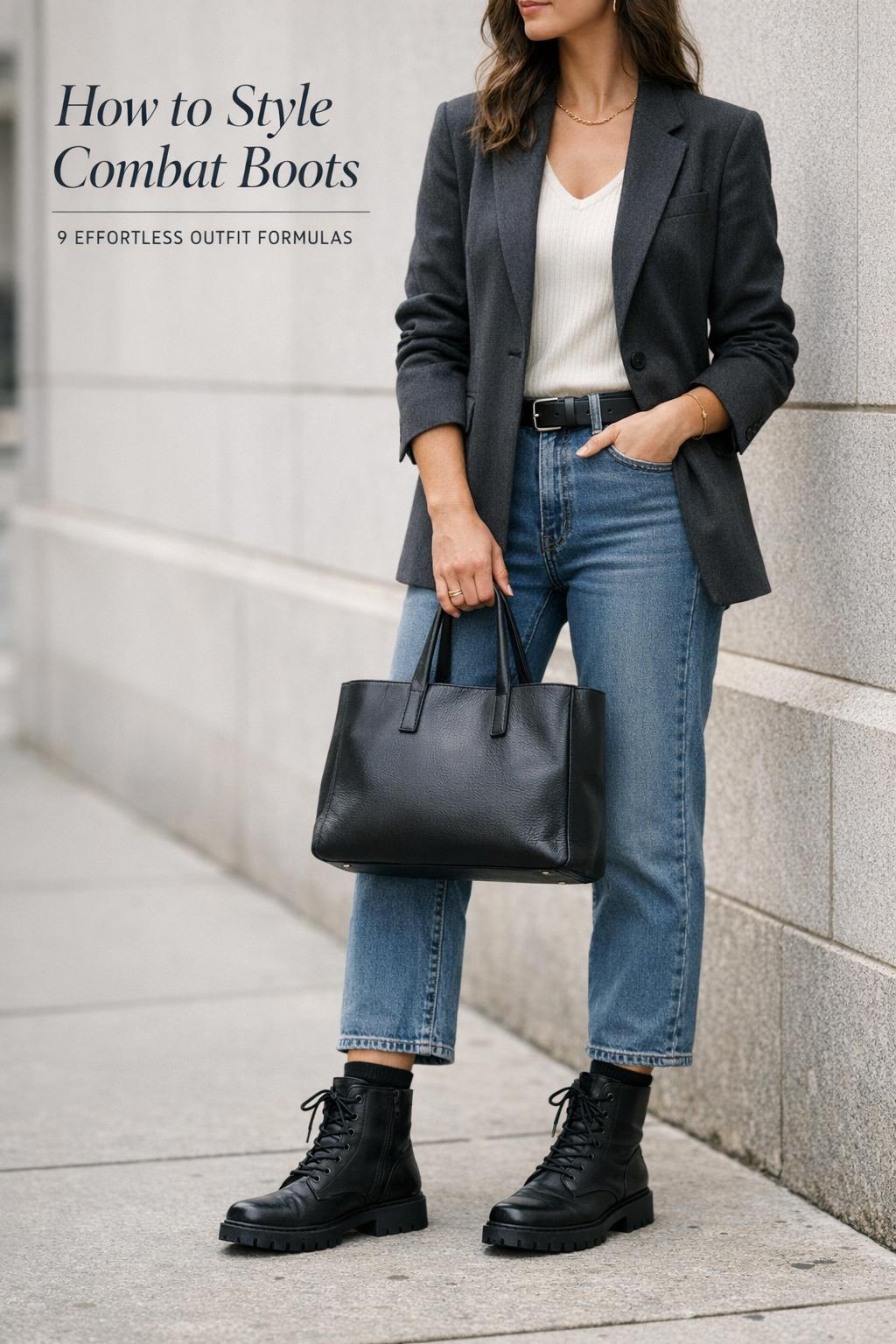 How to style combat boots outfit with black lace-up boots, jeans, cream knit, charcoal blazer and tote on city sidewalk