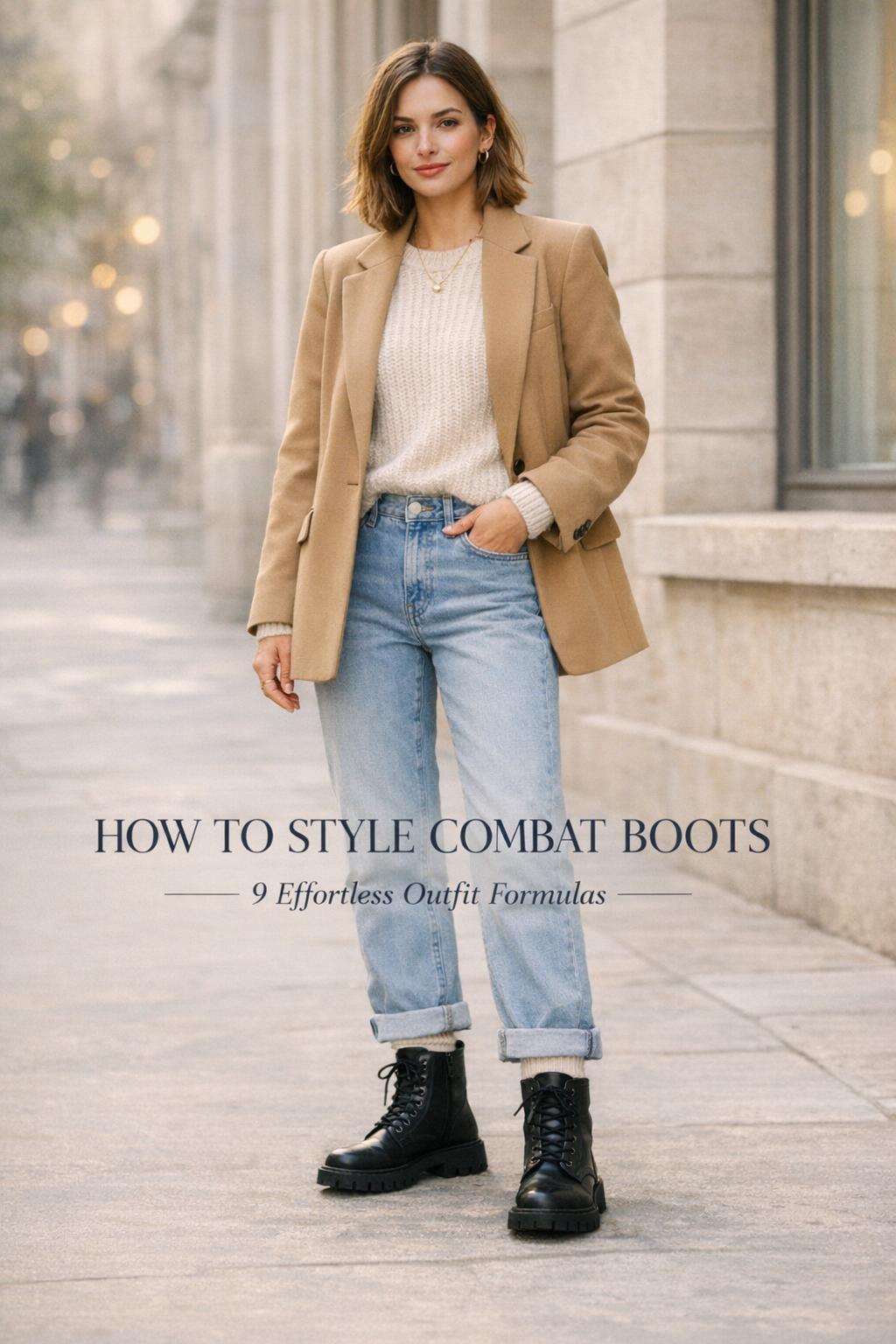 How to style combat boots outfit on a modern woman in light-wash jeans, cream sweater, and camel blazer on a bright city street