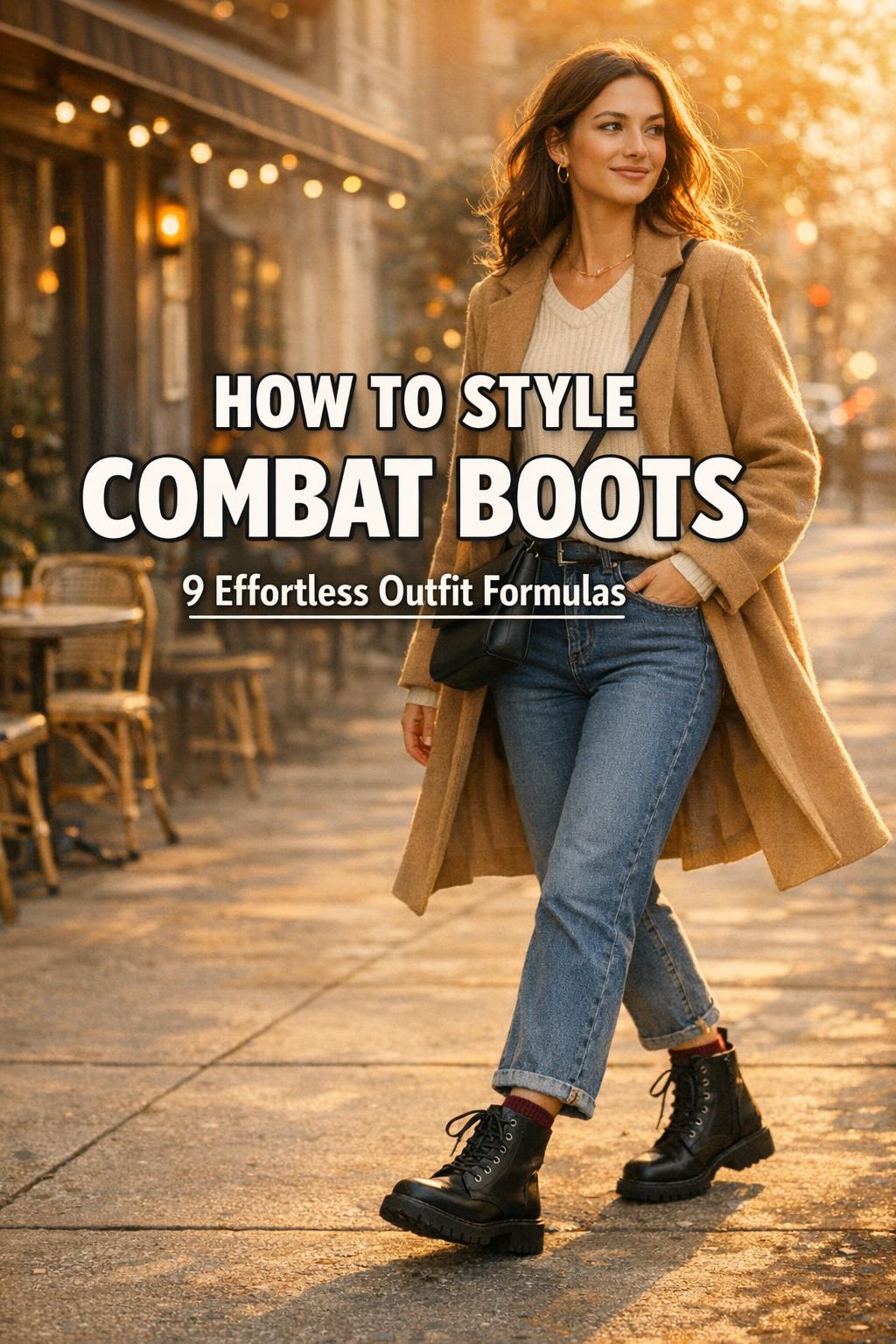 How to style combat boots street-style outfit with woman in jeans, cream sweater and camel coat outside a cafe at golden hour
