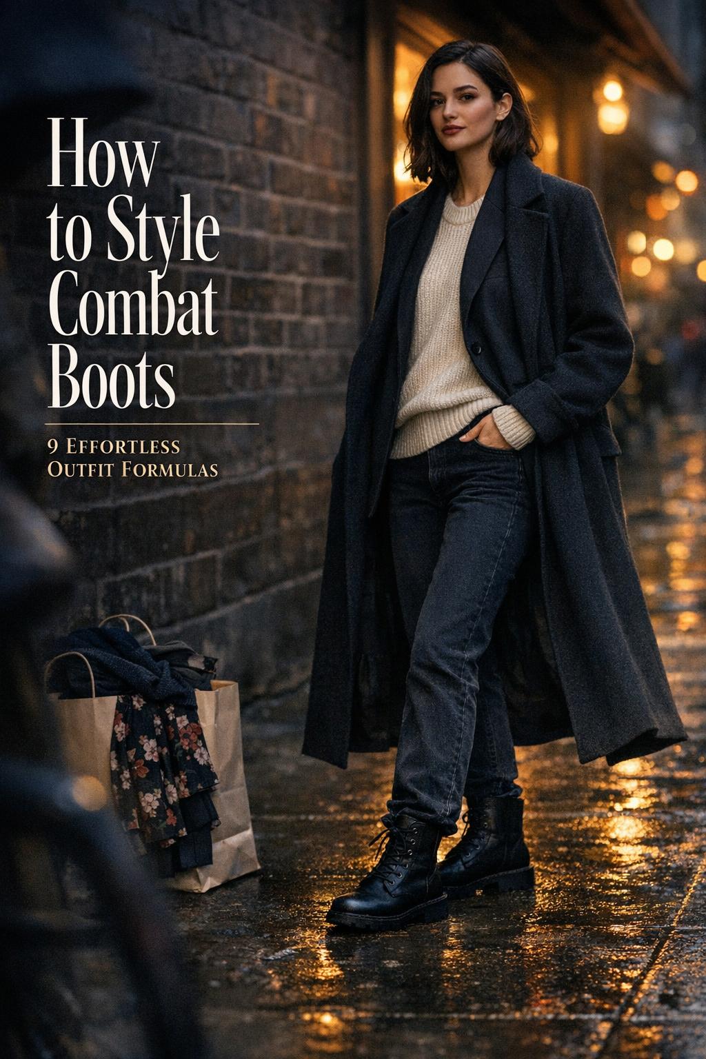 How to style combat boots street style look at dusk with woman in blazer and coat on wet city sidewalk