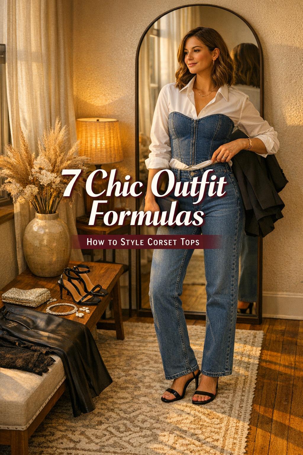 How to style corset tops in a warm city entryway mirror outfit with jeans, blazer, and day-to-night accessories.