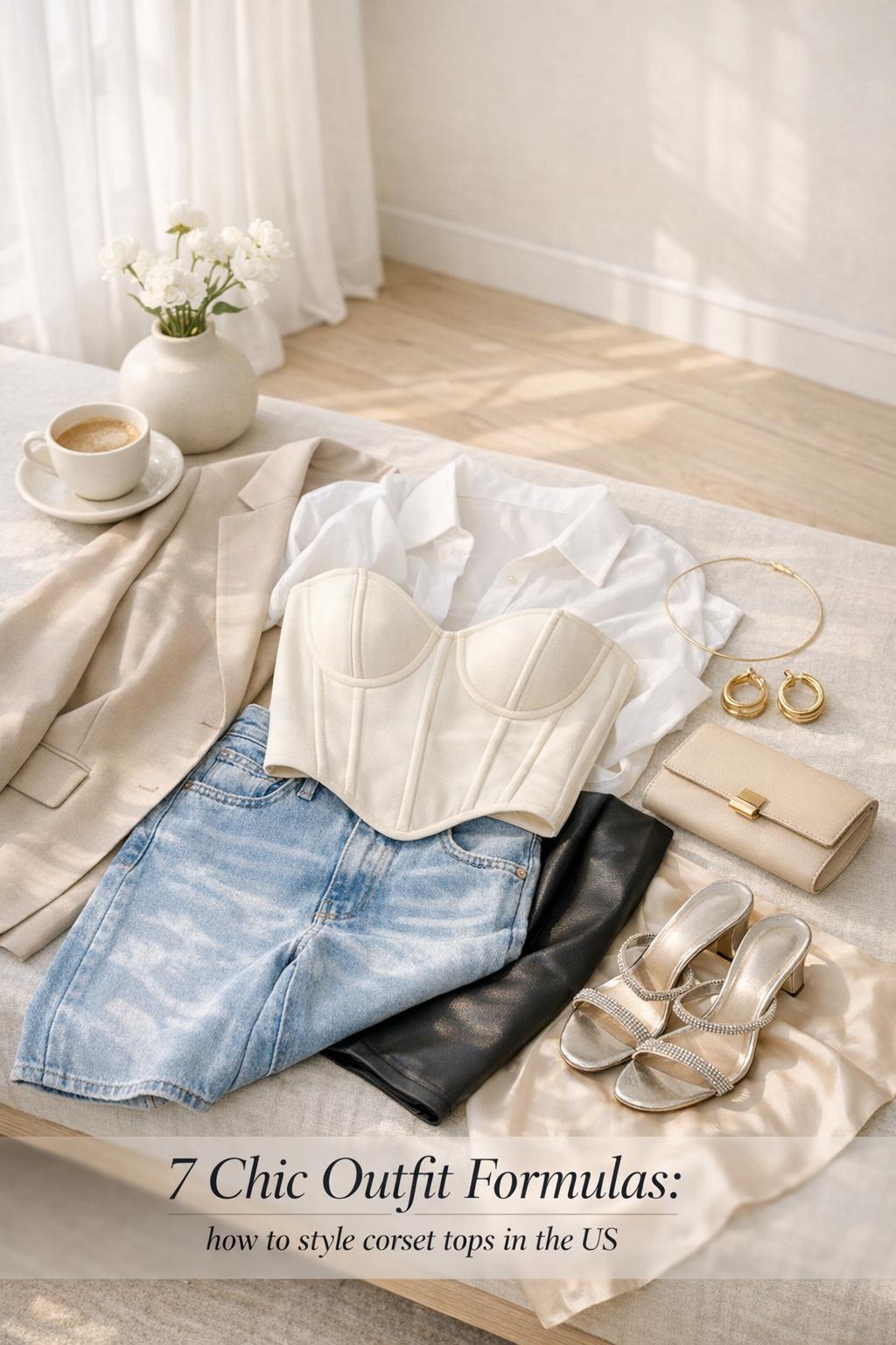 Sunlit neutral outfit flat lay with ivory corset top, denim, blazer and accessories, showing how to style corset tops