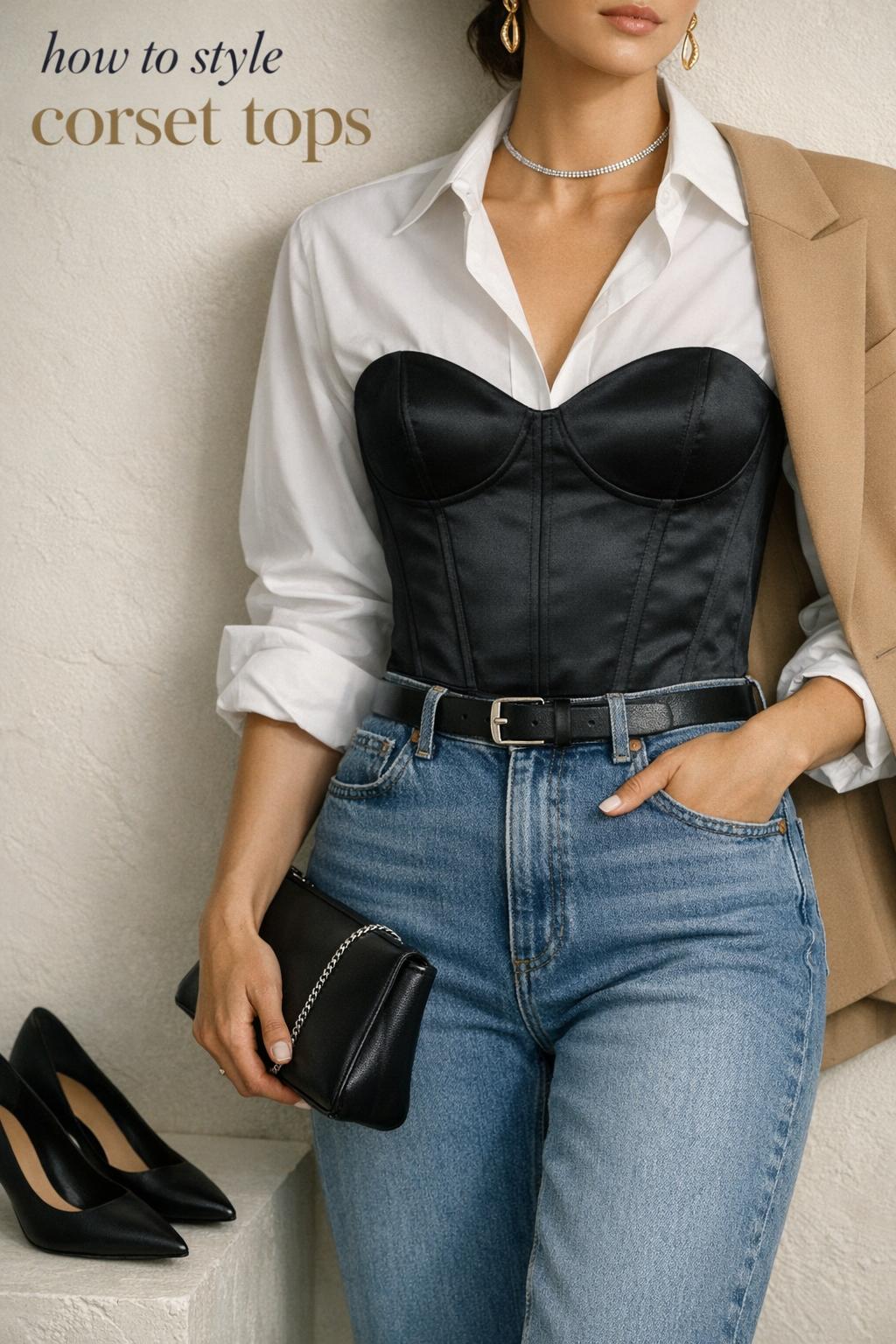 How to style corset tops editorial outfit with black satin corset, white shirt, jeans, camel blazer, clutch and heels