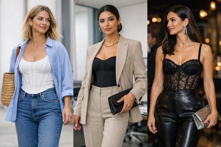 How to style corset tops with high-waisted jeans and a blazer for a chic, modern outfit in the US