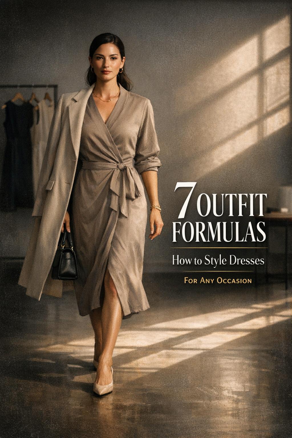How to style dresses Pinterest cover featuring a woman in a neutral wrap midi dress walking in a modern moody entryway