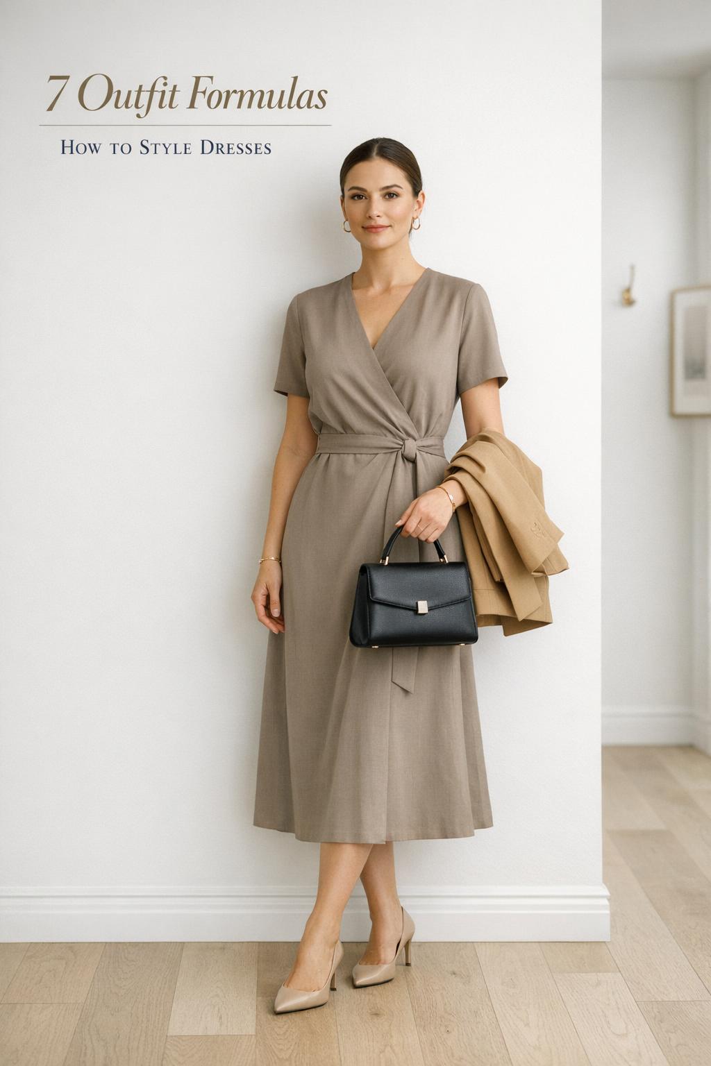 How to style dresses: woman in taupe wrap midi dress and nude heels in a bright minimalist entryway