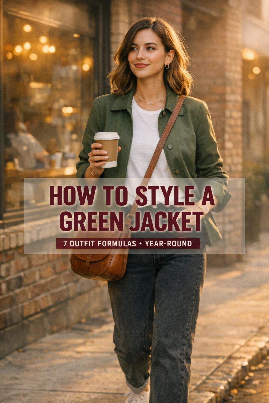 How to style green jacket: woman in olive jacket walking past a cafe with coffee in golden-hour city street