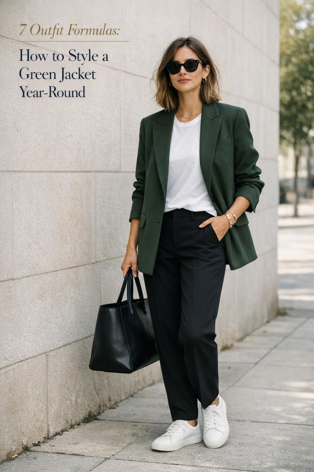 How to style green jacket with olive tailored blazer, white tee, black trousers and sneakers in a clean city street-style photo