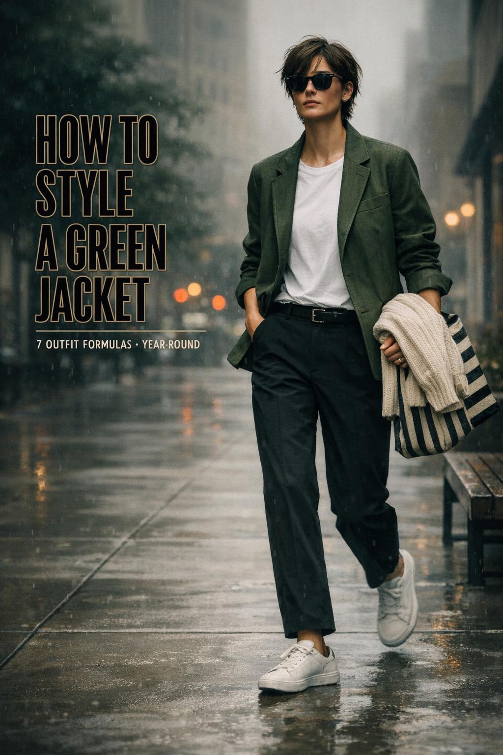 How to style green jacket street style photo of a model walking in a modern city wearing an olive jacket, white tee, and black trousers