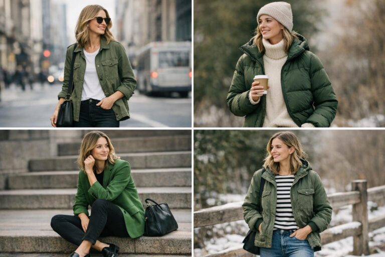 How to style green jacket with white tee, straight-leg jeans, and clean sneakers for an easy year-round outfit