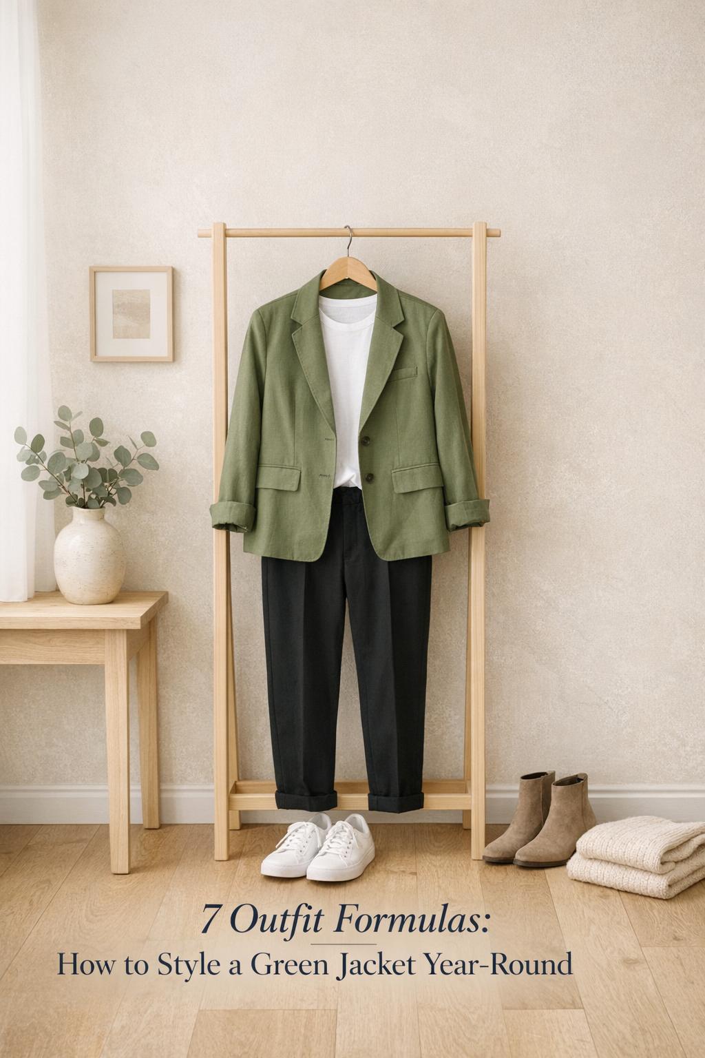 How to style green jacket year-round outfit laid out in airy entryway with olive jacket, white tee, black trousers, and sneakers