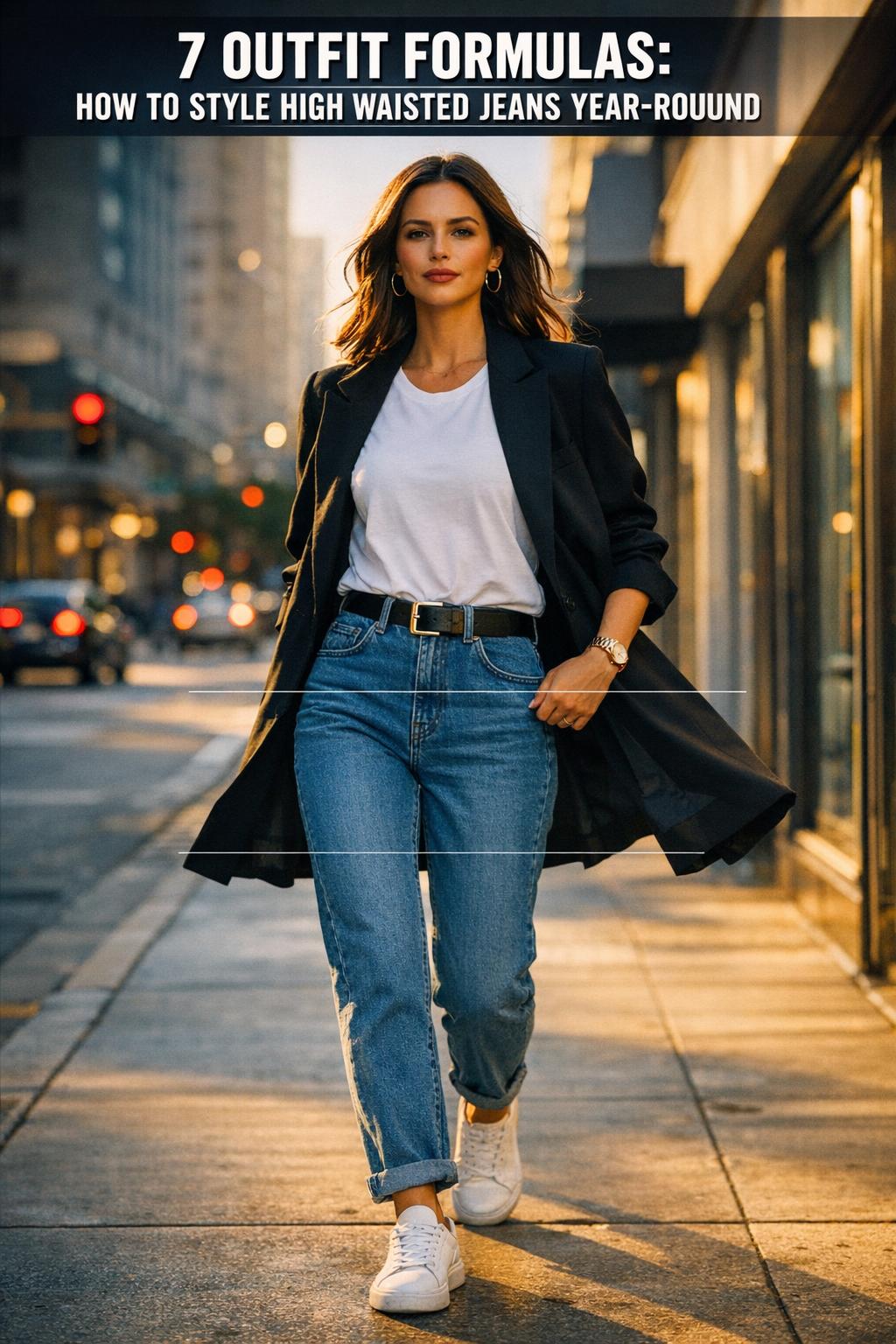 Street style outfit showing how to style high waisted jeans with a tucked-in blouse, belt, and ankle boots