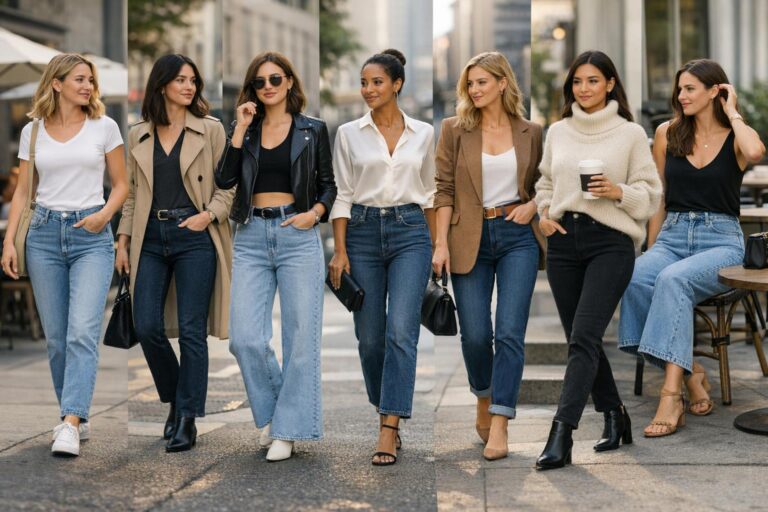 How to style high waisted jeans with a tucked white tee, straight-leg denim, and sneakers in natural daylight