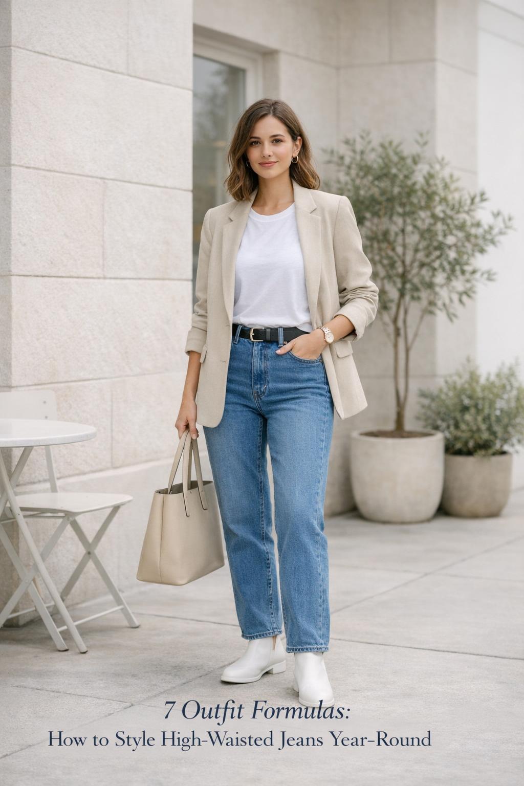 How to style high waisted jeans with a white tee and beige blazer on a bright city sidewalk, minimal accessories and sneakers